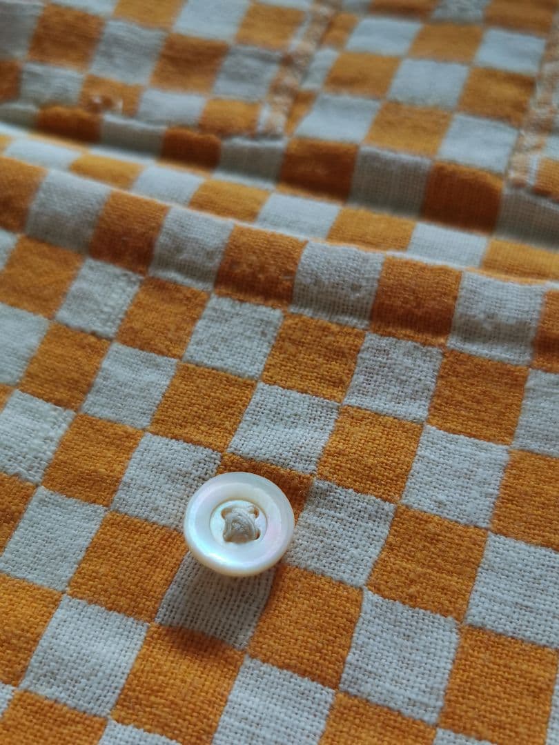 アンティークフランス イエロー＆アイボリー 市松模様織ケース 真珠色シェルボタン