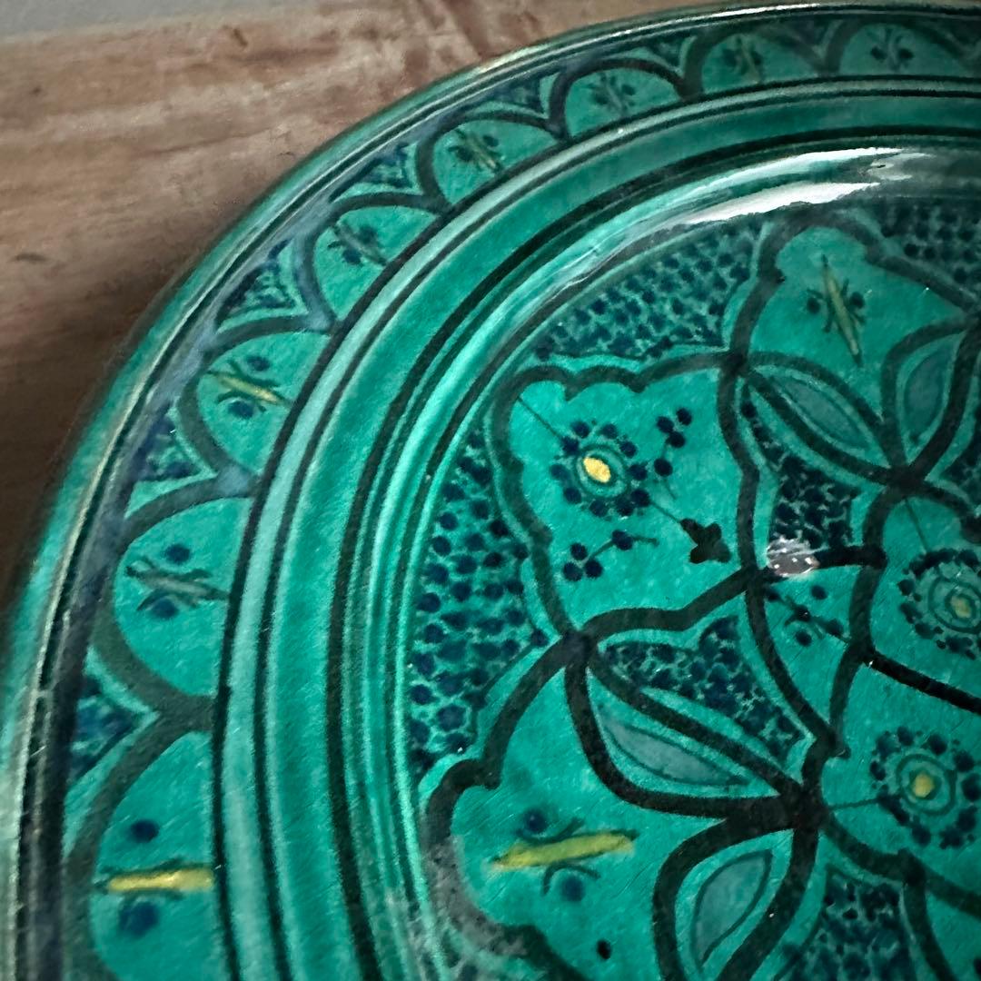 ブルガリア陶器　トロヤン焼　青釉内花柄　壁掛けデザイン　大皿　アンティーク