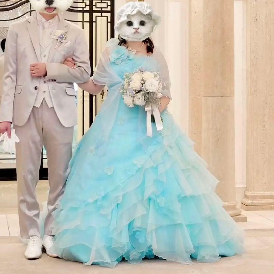 カラードレス 水色 ワンショルダー ストール・パニエ付 ウェディング 結婚式