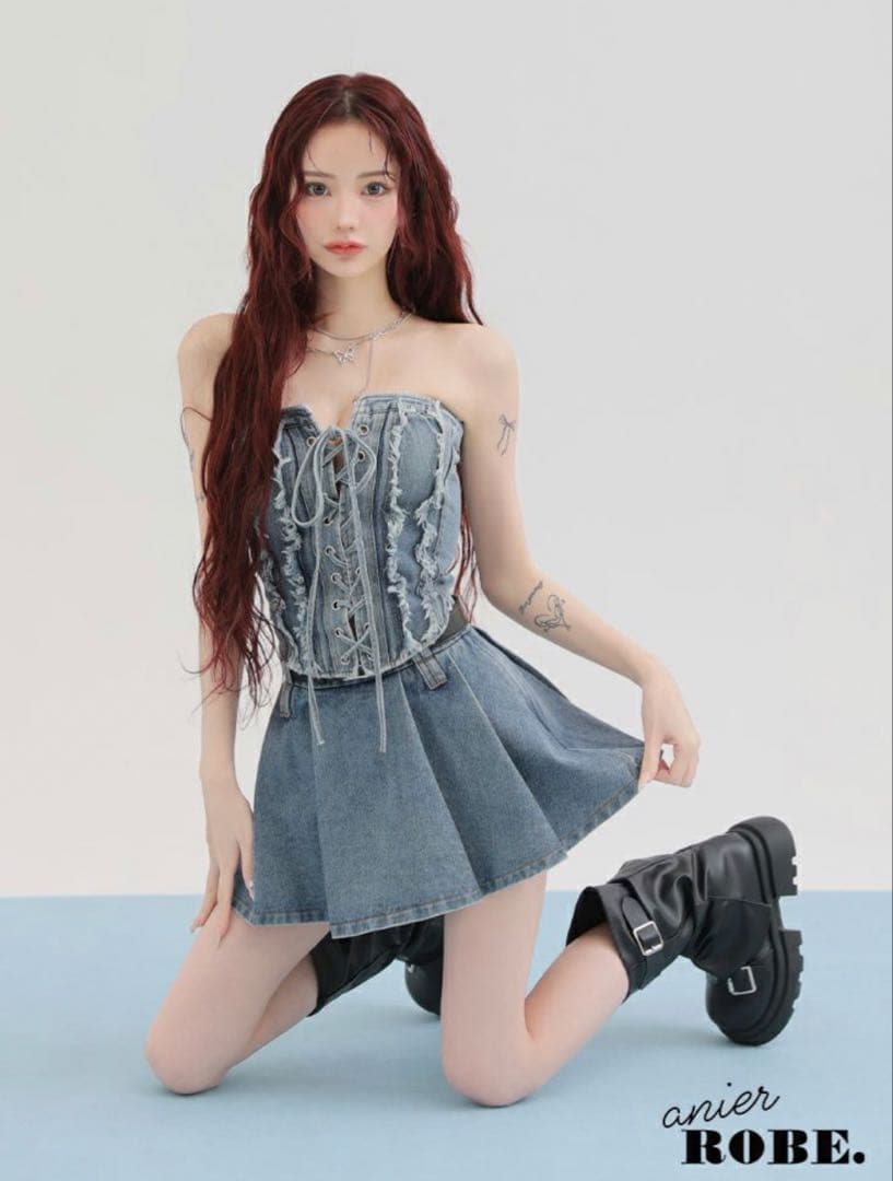 ROBE de FLEURS デニムレースアップベルトセットアップミニドレス