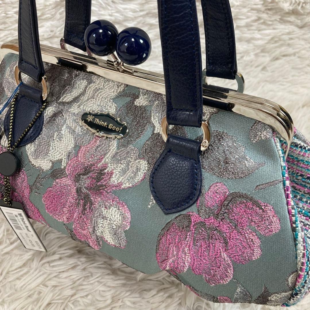 未使用タグ付 ThinkBee！ゴブラン織 ノクターンローズ がま口ハンドバッグ