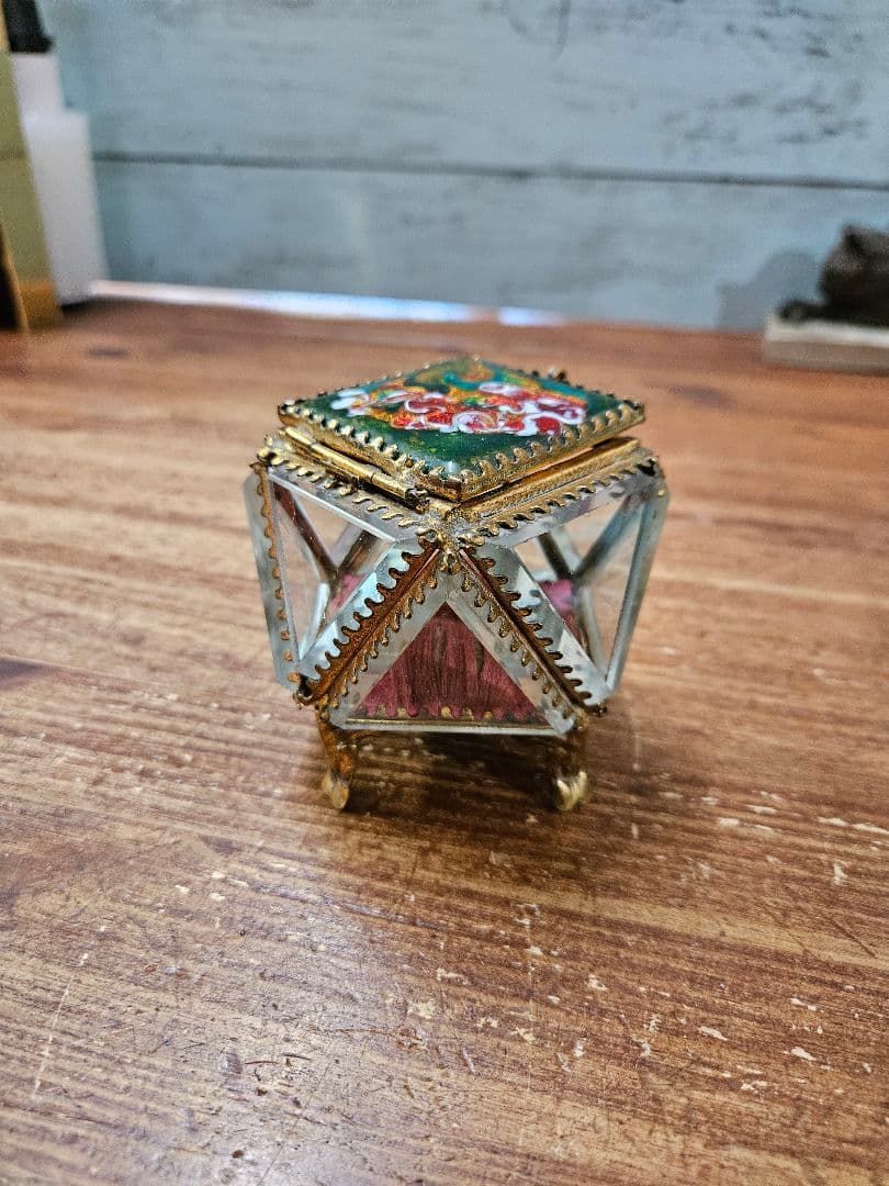 フランスアンティーク カットガラスの宝石箱 全面ベベル硝子 ジュエリーボックス