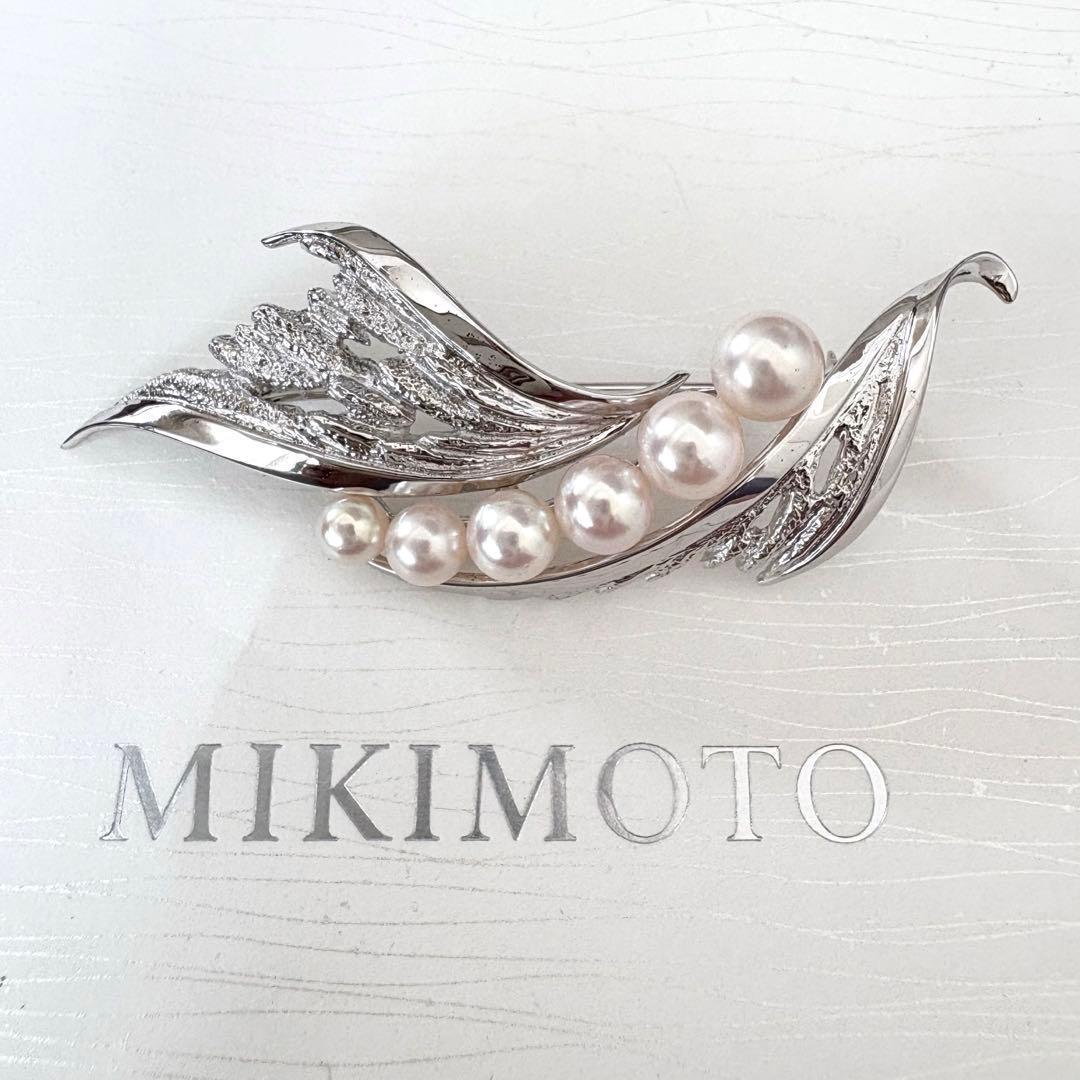 美品✨MIKIMOTO ブローチ あこや真珠 6珠 リーフM刻印 シルバー