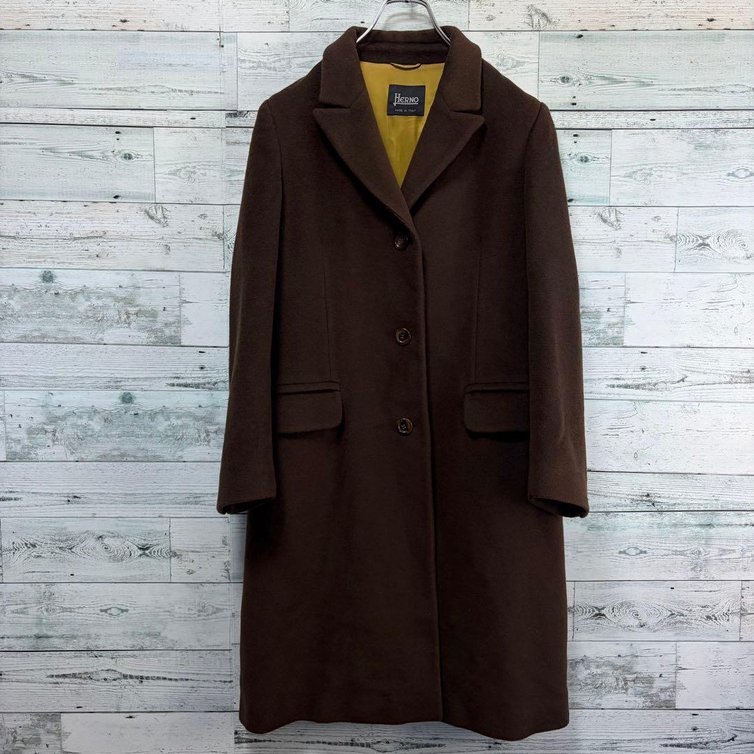 ☆大きいサイズ・XL☆チェスターコート　裏地総柄　羊毛&カシミヤ　ブラウン