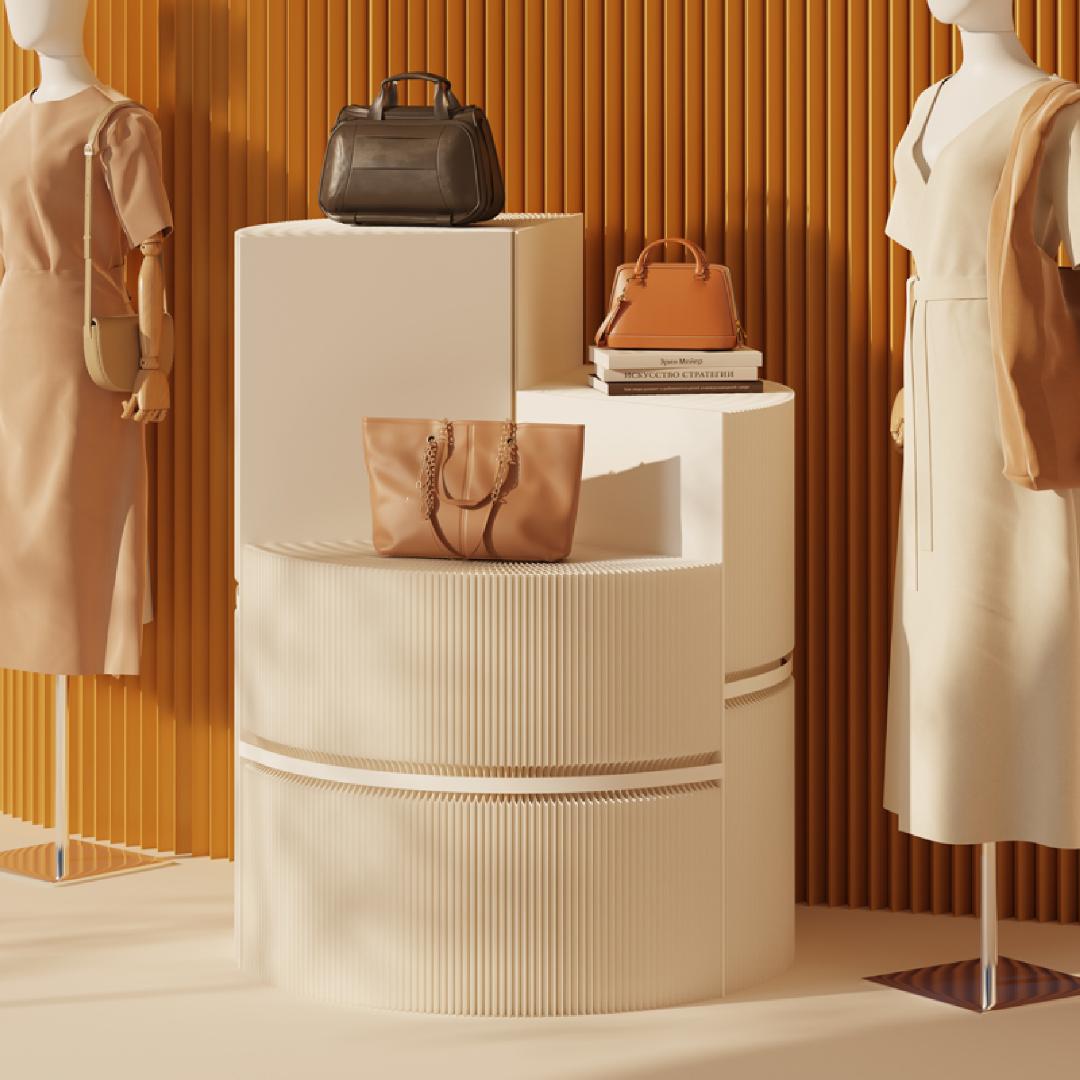 ホワイト階段円柱型ディスプレイ台直径100cm高さ78㎝ 陳列台 組立不要展示会