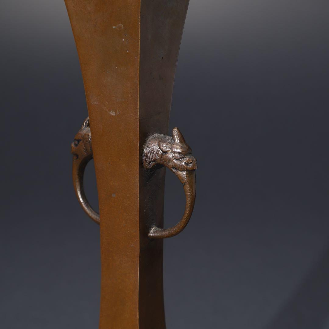 唐銅　四方形耳付き花入　花生け　桐箱　R1517ダN2