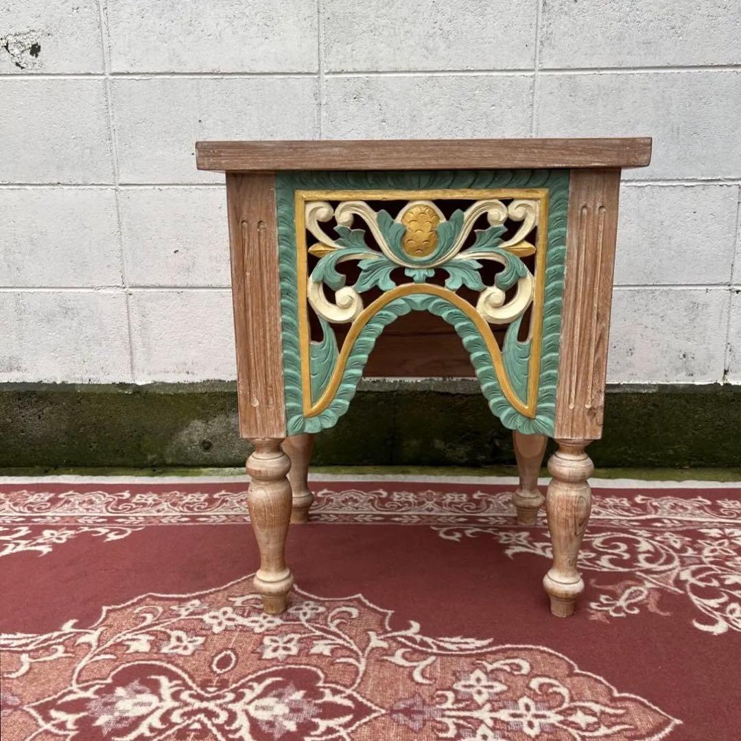 木製無垢材 チーク材◾️彫刻デザイン サイドテーブル 飾り台 ディスプレイ台 花台