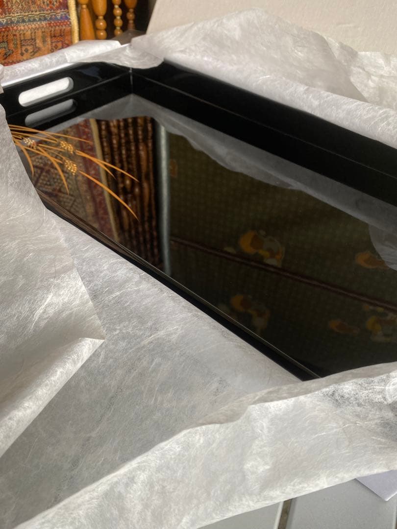 切金稲穂　新尺七長手盆　桜井漆器　高級　黒漆器盆　未使用