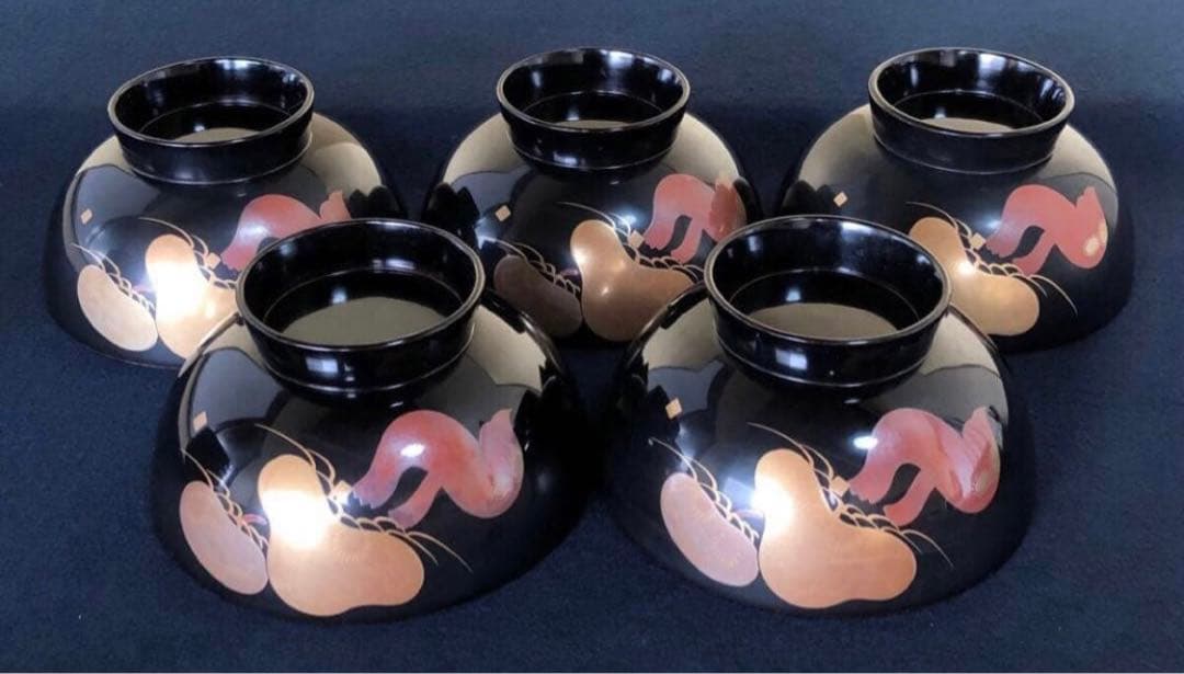 《レ》黒塗 蒔絵付 煮物椀5客 雑煮椀 木製漆器 木箱　251113え1