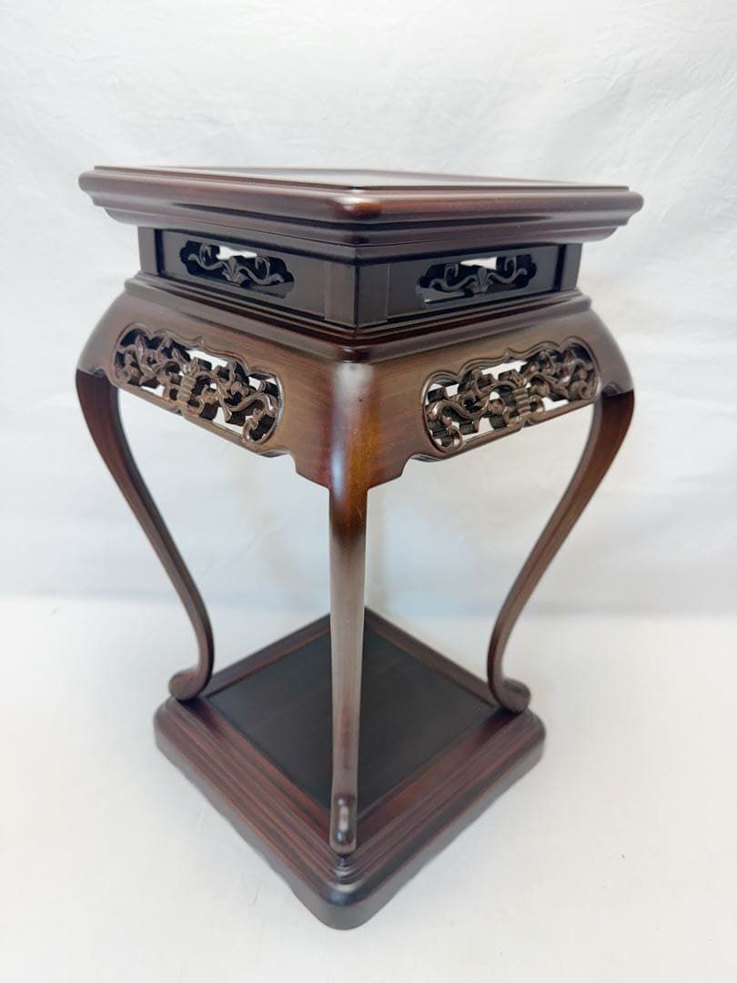 未使用 華道具 中国古美術 黒檀 唐木 透かし彫 猫足 高燭台 高卓 盆栽台紙箱