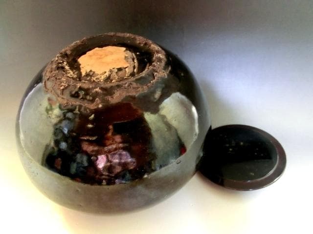 水指■黒釉時代物水指 李朝 お茶道具 種壷 漆器の蓋 塗蓋 アンティーク時代物■