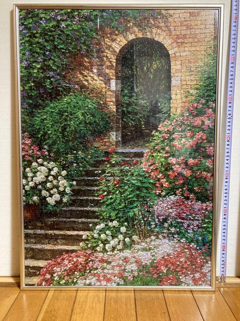 千P③花ガーデン階段口ジグソーパズル　アルミ額50×74㎝完成　油絵作名　極美品