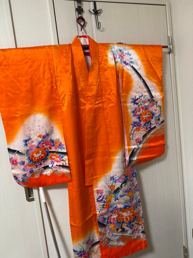 七五三 7歳 女の子 着物フルセット 橘色×花柄 刺繍半襟 長襦袢付き