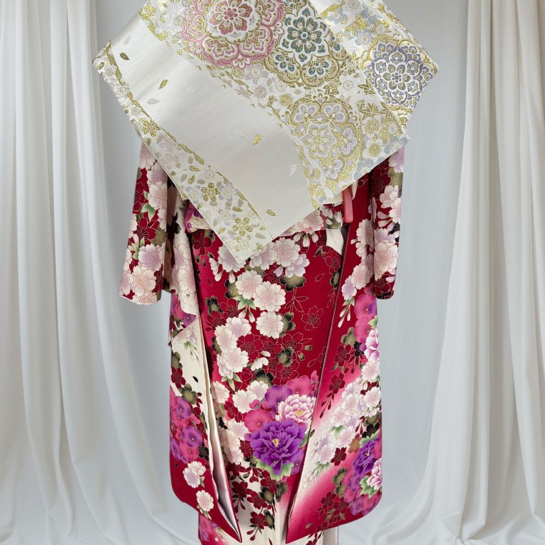 振袖8点フルセット　豪華絢爛 花丸文 桜 牡丹 刺繍 金彩　正絹　ショール付