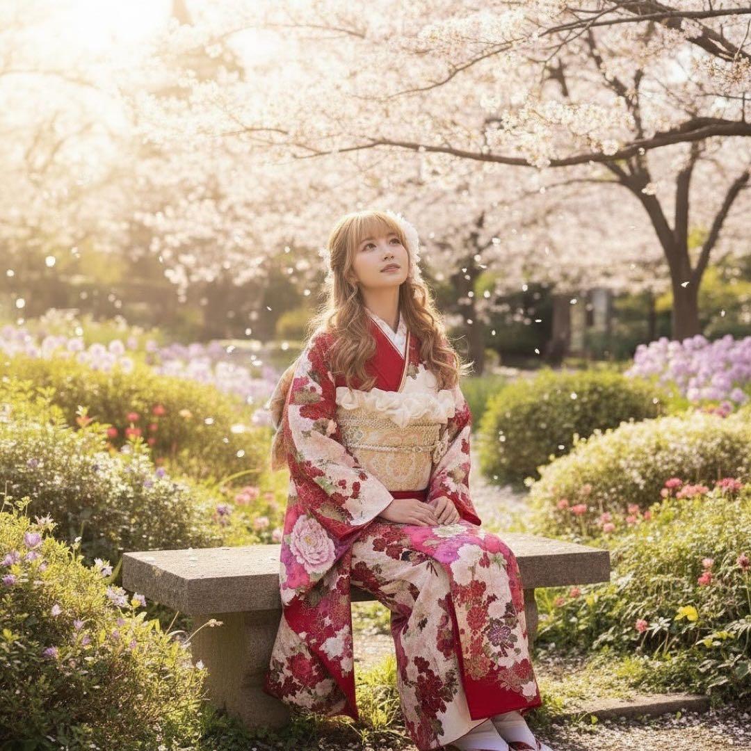 振袖8点フルセット　豪華絢爛 花丸文 桜 牡丹 刺繍 金彩　正絹　ショール付