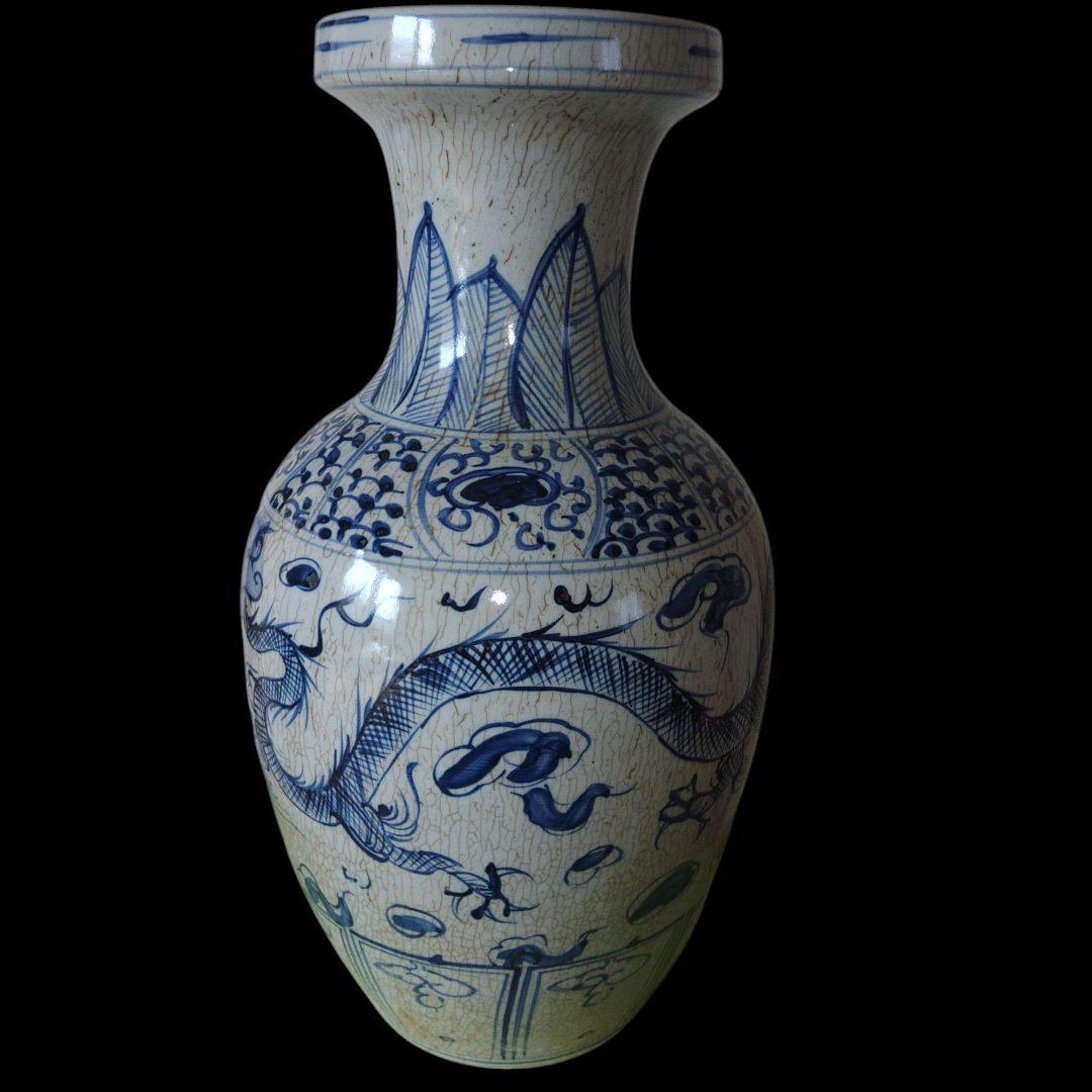 中国美術　元代　青花飛龍文染付盤口花瓶