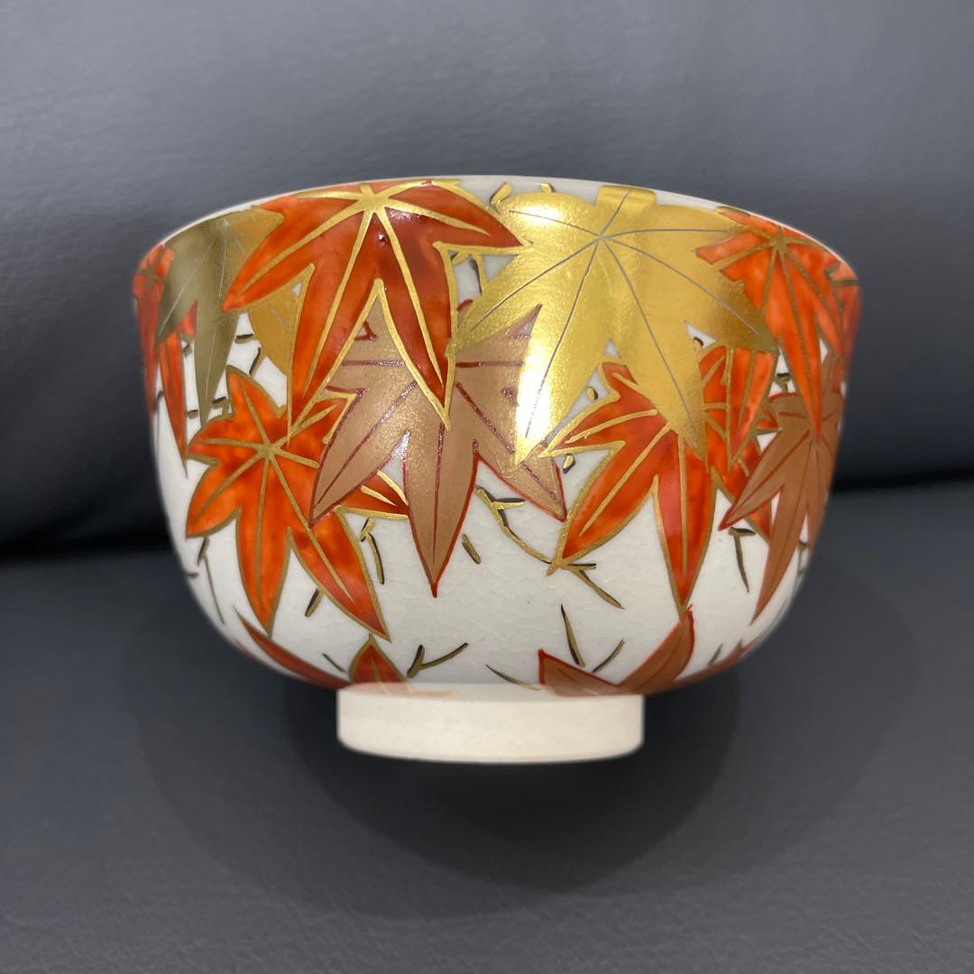 抹茶茶碗　色絵紅葉　膳所焼　陽炎園造