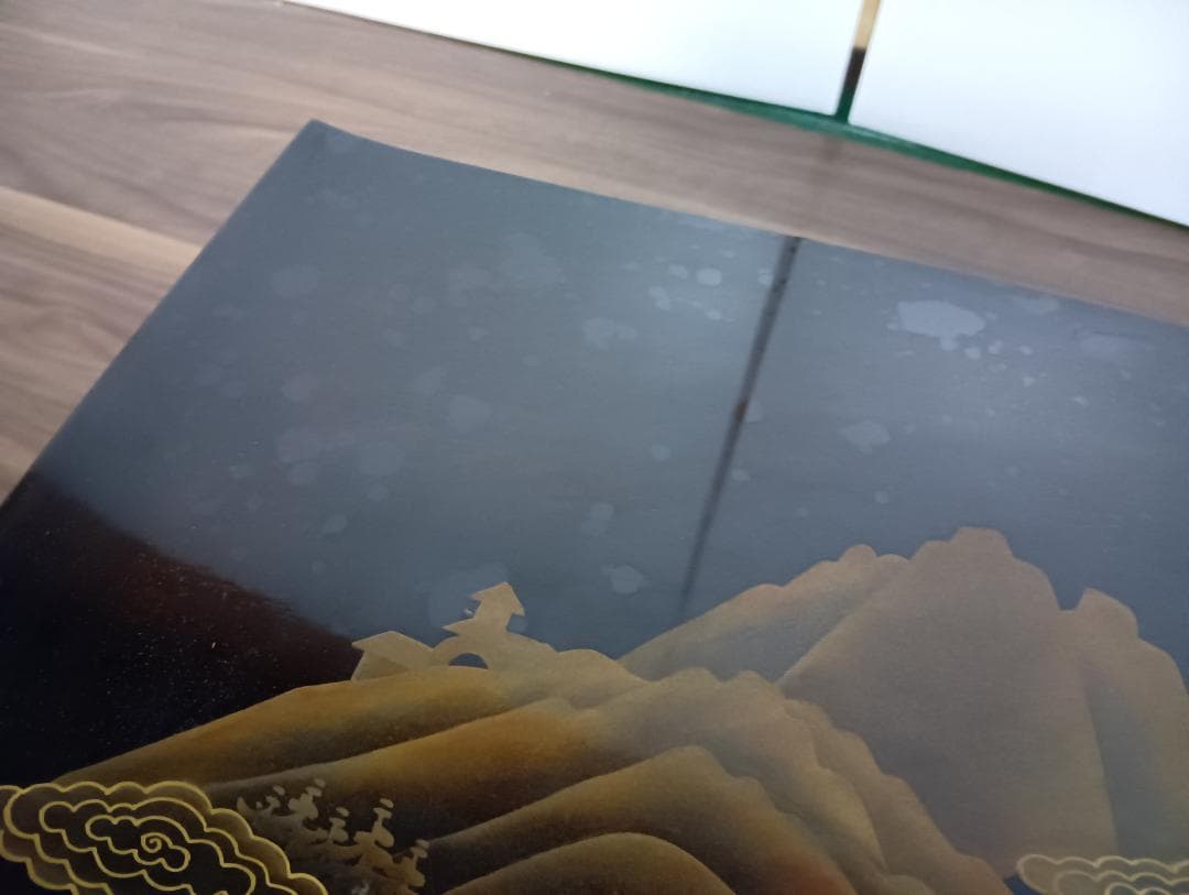 輪島塗 蒔絵師 久世宗春 山水金蒔絵 冠卓 二段卓 花台 黒塗 共箱