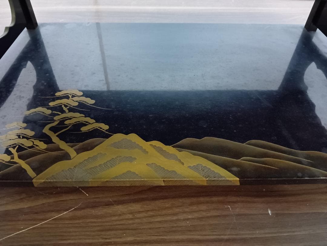 輪島塗 蒔絵師 久世宗春 山水金蒔絵 冠卓 二段卓 花台 黒塗 共箱