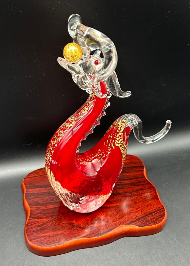 【希少】紅龍 博多びーどろ粋工房 安部朝和作 ガラス 置物 龍 干支 びーどろ