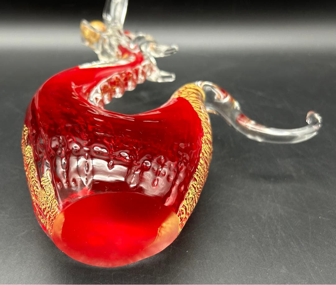 【希少】紅龍 博多びーどろ粋工房 安部朝和作 ガラス 置物 龍 干支 びーどろ