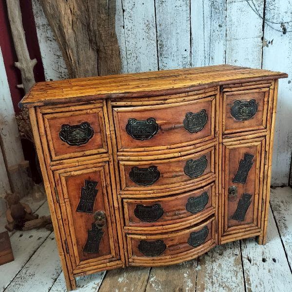 斑竹細工 煎茶棚 小箪笥 抽斗 引出 飾棚 花台 木製 漢詩金具 古美術品