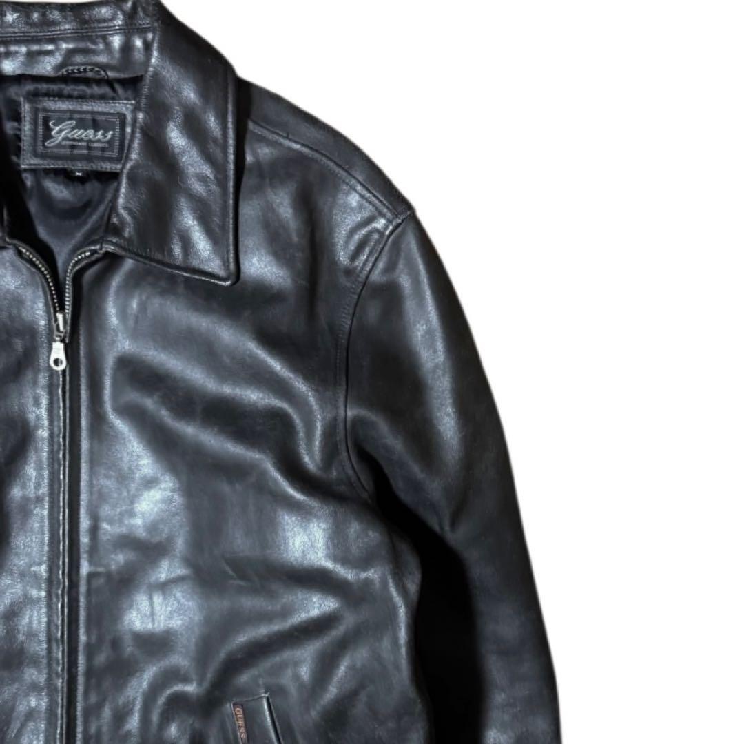 雰囲気抜群 GUESS 本革 襟付き レザージャケット ブラック Mサイズ