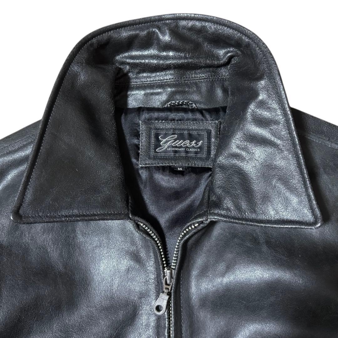雰囲気抜群 GUESS 本革 襟付き レザージャケット ブラック Mサイズ