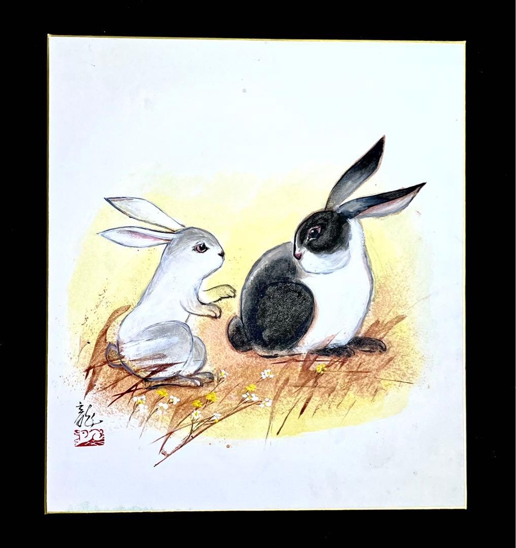 中国著名画家：李庚画伯の肉筆色紙作品（2枚）と芸大先生の肉筆色紙作品（兎）7枚。