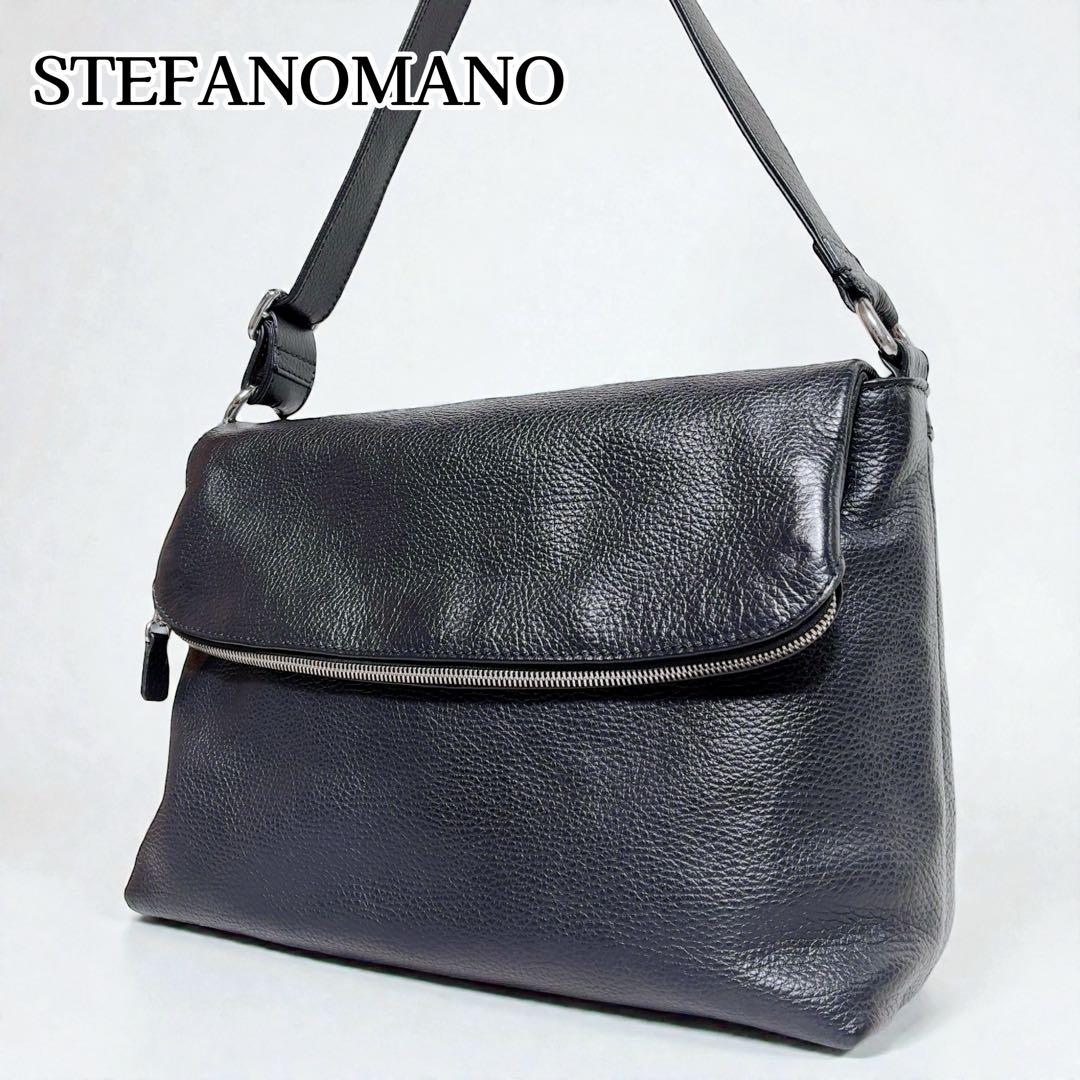 【ステファノマーノ】 ショルダーバッグ レザー 黒 イタリア 肩がけ シボ革