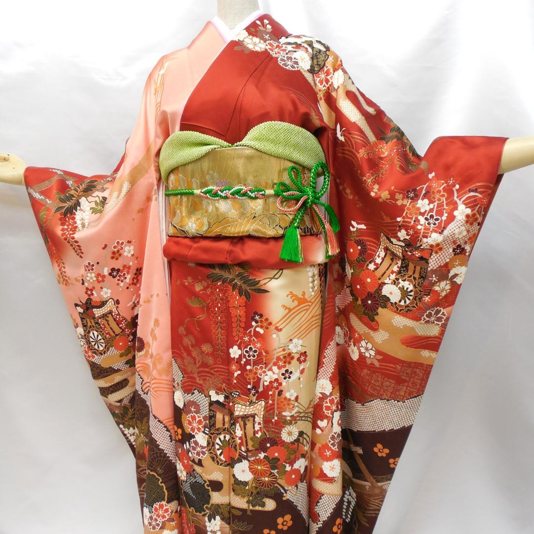 訳あり特価★振袖フルセット　正絹　成人式　振袖　7点　M～Ｌサイズ　赤　古典柄