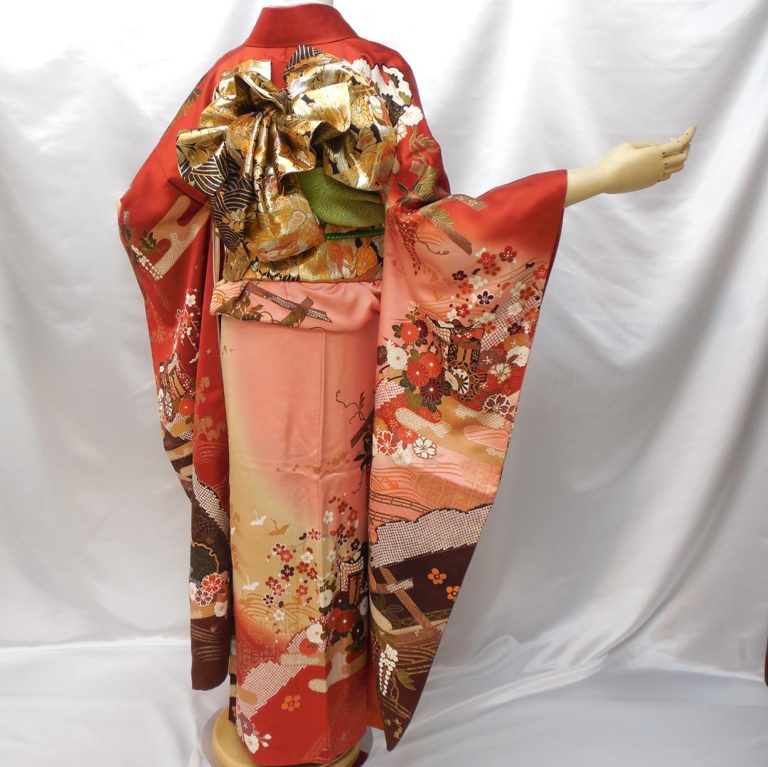 訳あり特価★振袖フルセット　正絹　成人式　振袖　7点　M～Ｌサイズ　赤　古典柄
