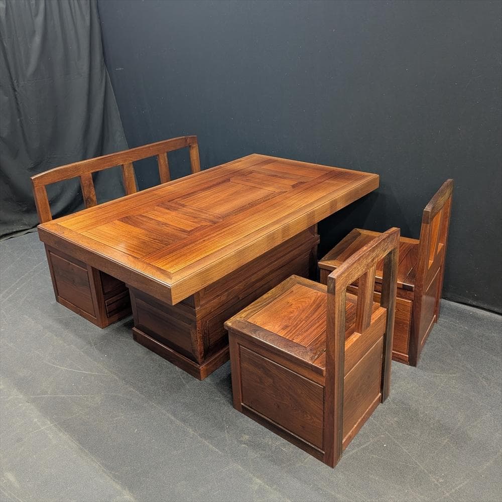 無垢　重厚　4点　囲炉裏ダイニング　食卓　火鉢　座卓　椅子　収納付き　ベンチ