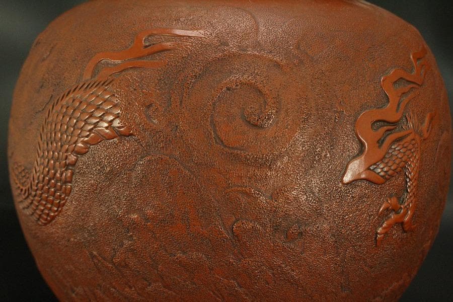 古美術 朱泥 雲龍紋 丸壷 在印 美品(BB507)