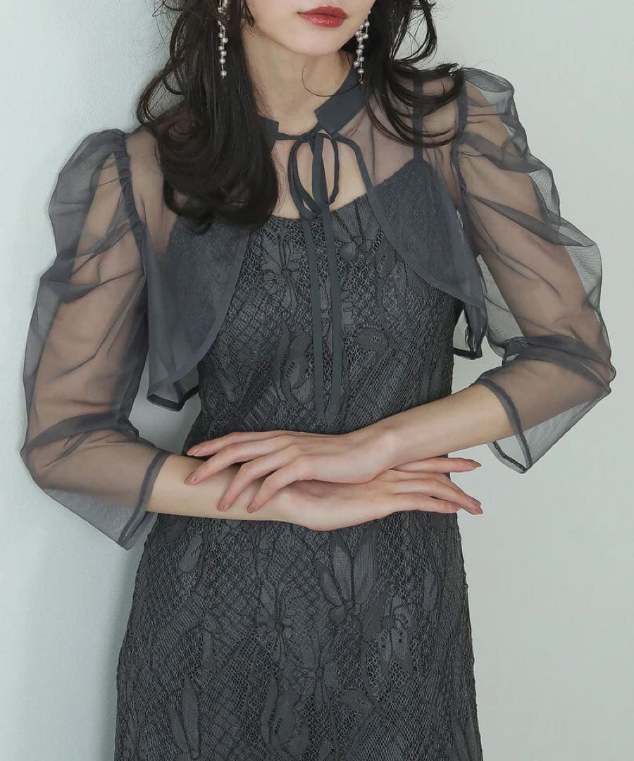 kana チュールボレロ ざっくりレース 3way ドレス　チャコールグレー