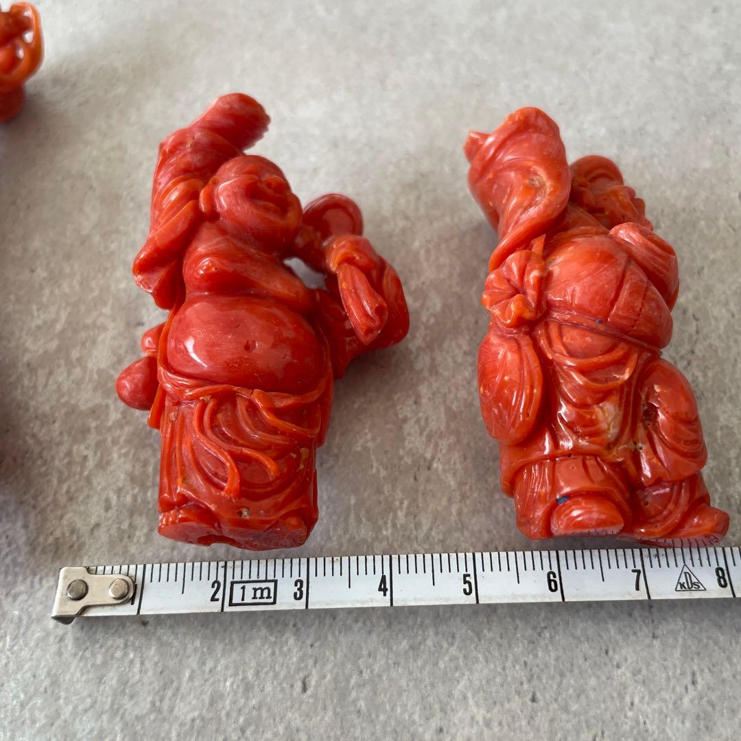 【希少】天然桃珊瑚の彫刻置物 七福神 3体セット