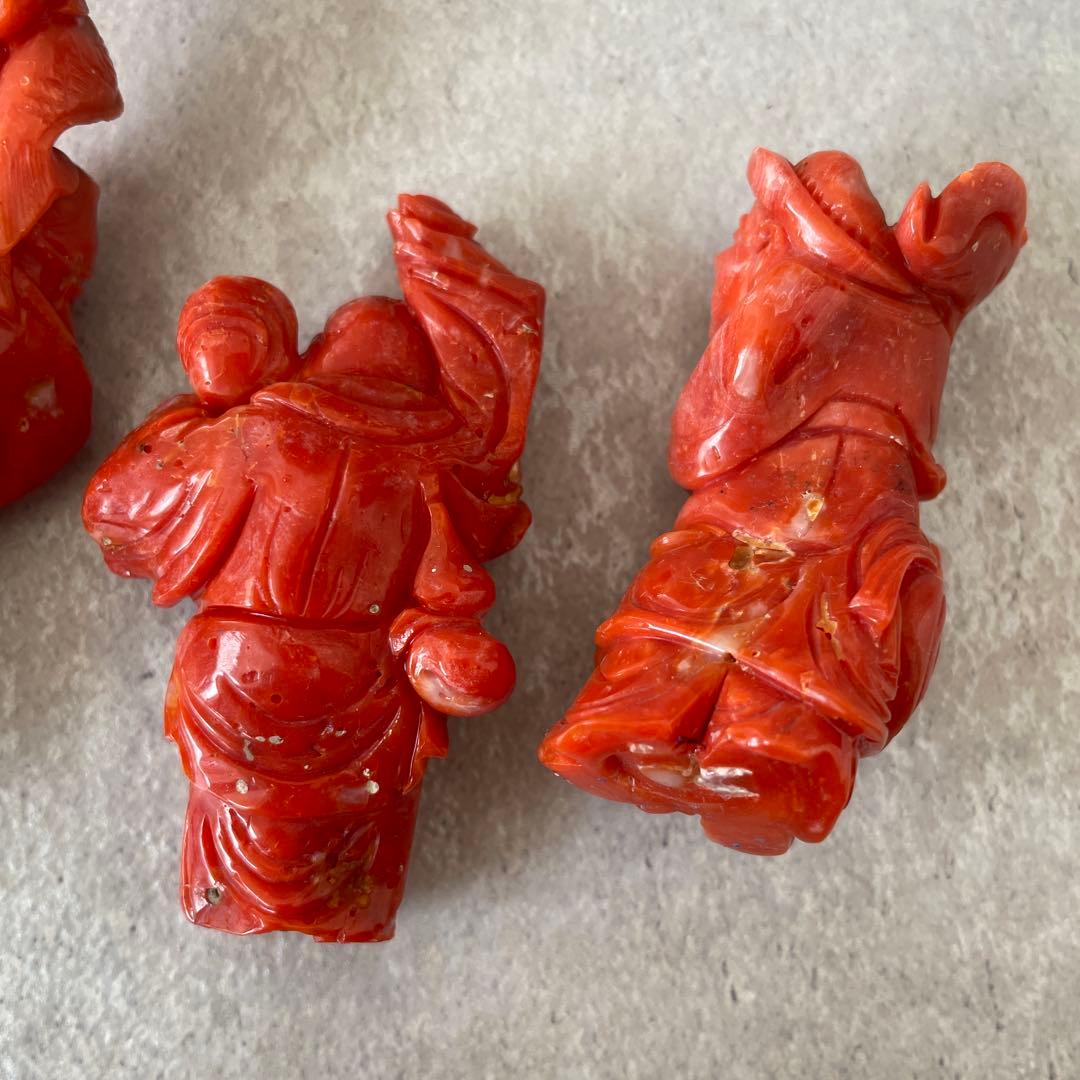 【希少】天然桃珊瑚の彫刻置物 七福神 3体セット
