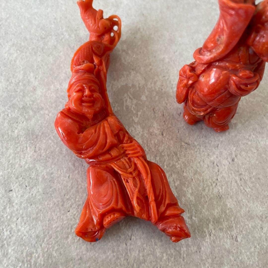 【希少】天然桃珊瑚の彫刻置物 七福神 3体セット