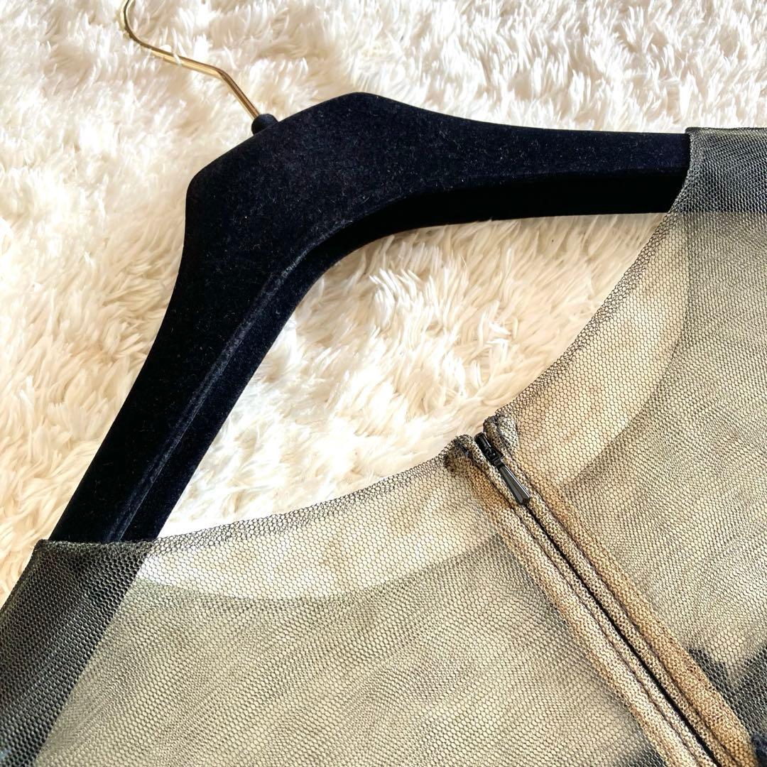 タダシショージ フラワー刺繍 シフォンプリーツワンピース カクテルドレス 黒