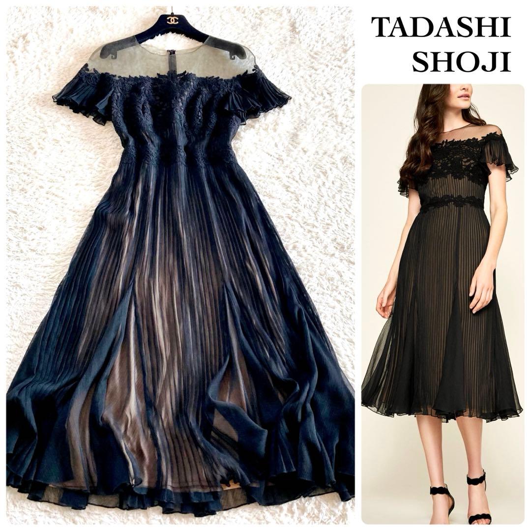 タダシショージ フラワー刺繍 シフォンプリーツワンピース カクテルドレス 黒