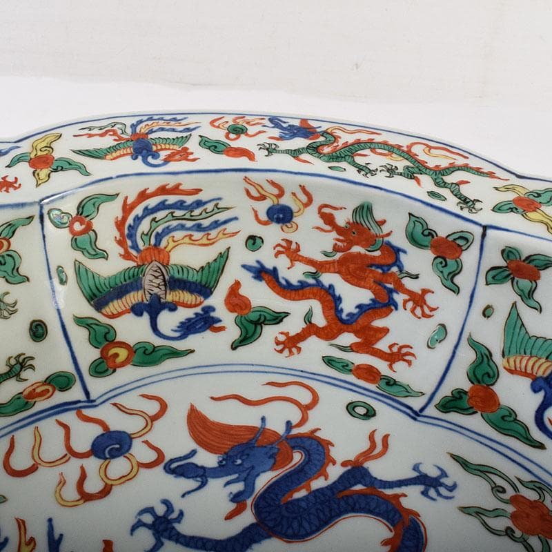 中国　大明萬暦年製　五彩龍鳳凰文　輪花鉢　大皿　直径約40㎝　V　R7860C