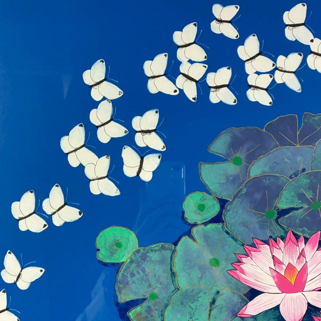 美品 平松礼二「池に舞う蝶」リトグラフ 大作 直筆サイン・印有 古径額 モネ