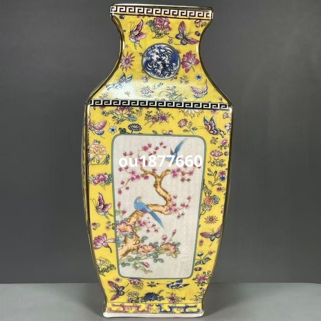 パステル蒔絵花鳥四方花瓶 景徳鎮 陶磁器 装飾品 現代工芸品 美術品 置物