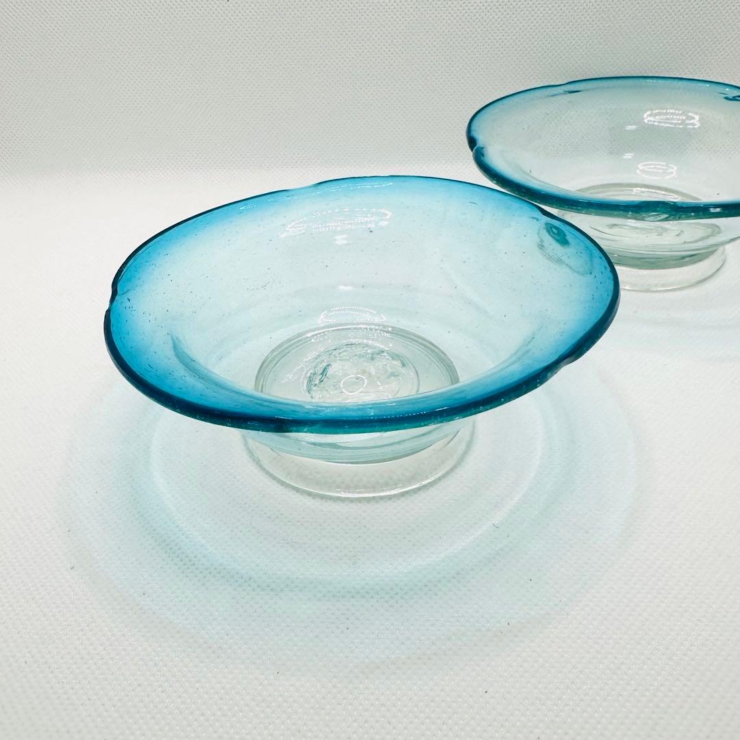 【希少】青縁 氷ガラス ボウル アイスグラス 食器 気泡 アンティーク　2客