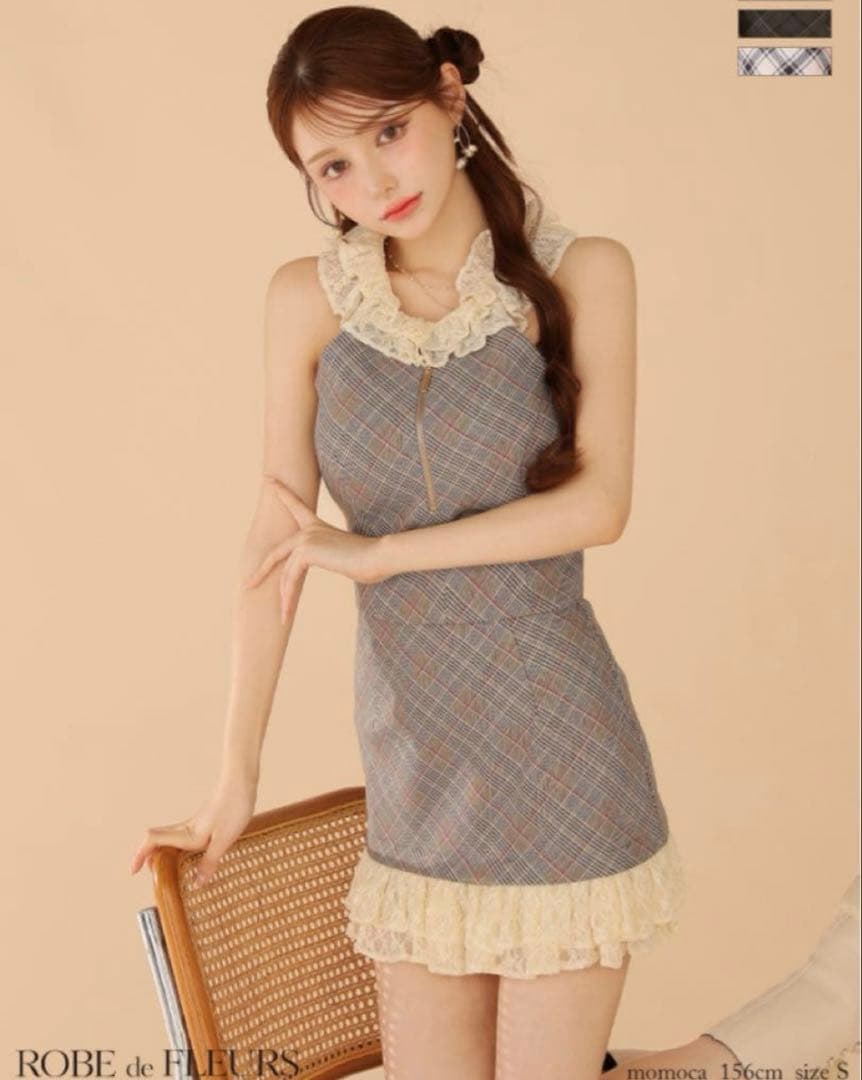 レースチェックバストジップセットアップミニキャバドレス