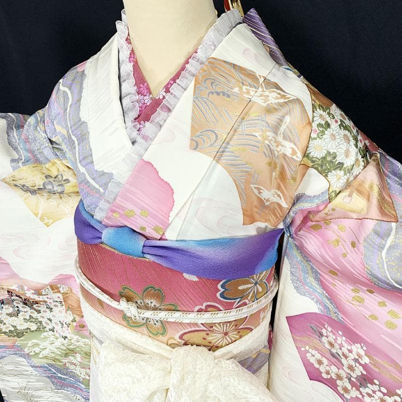 509z26.507y10.帯締め帯揚げ☆ゆめかわ！振袖 古典柄 金駒刺繍 金彩