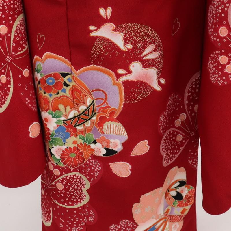 Oreo　七五三 七歳 着物 女児 花と毬 月兎模様 赤 化繊 11RR5