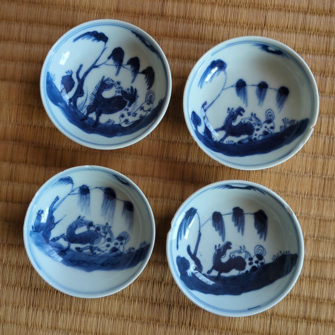 青白磁 動物モチーフ 皿 4枚セット　古染付　馬の絵柄　午年