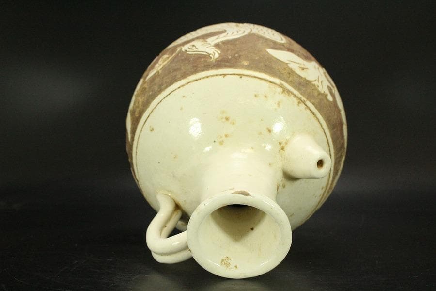 中国美術 磁州窯 十世紀後半 白磁掻落鳳紋水注 瓶 高23cm (LC248)