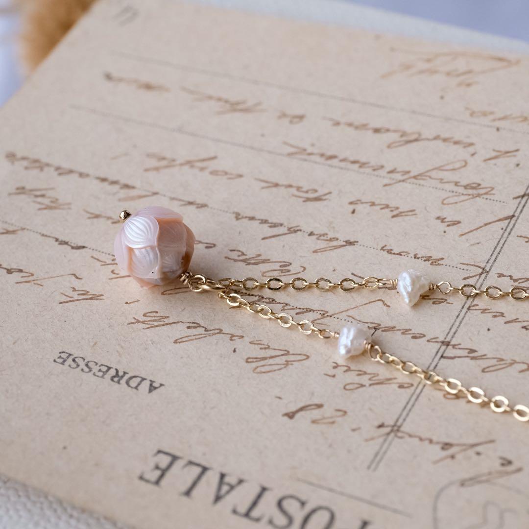 14kgf白蝶真珠蓮カービングネックレス